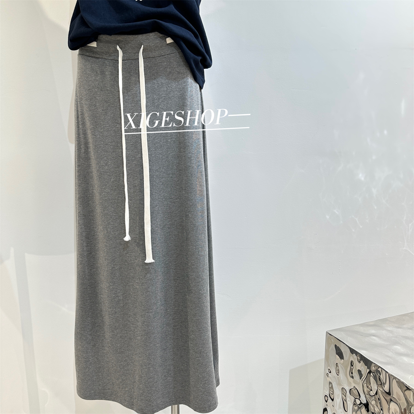 Contrast Color Waist Drawstring Skirt for Women Summer High Waist Draped Slimming Look Back Slit Mid-Length Casual Versatile A-Line Skirt