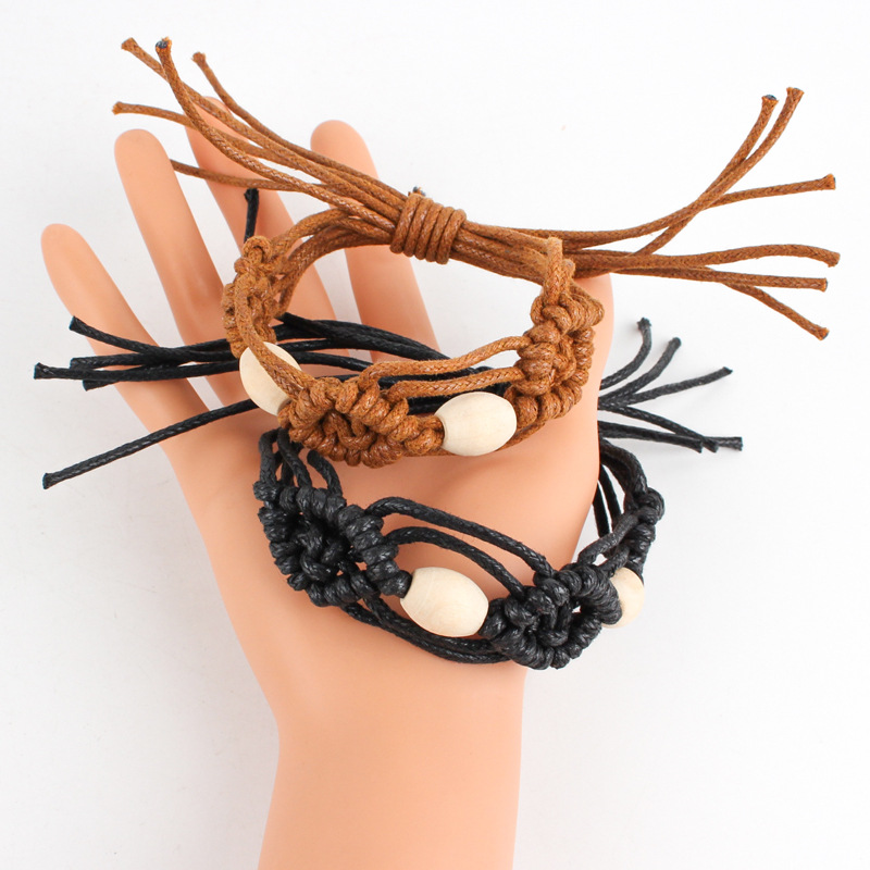 厂供欧美跨境手工编织蜡线木珠手链民族风复古原创设计可调节手绳