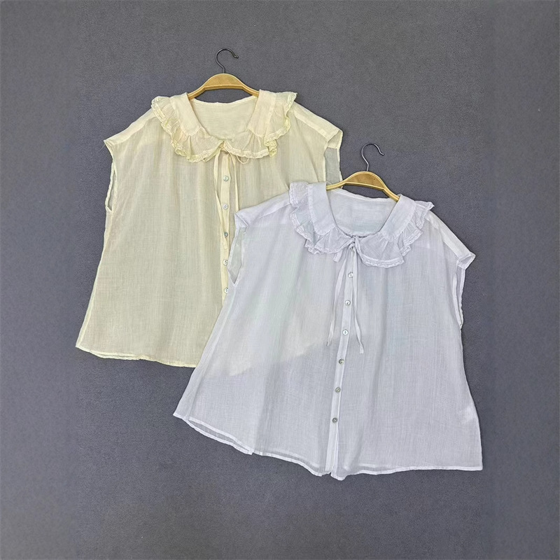 Literary Age-Reducing Lace-Up Ruffled Loose Ramie Short-Sleeved Shirt, Light and Elegant Lace Top