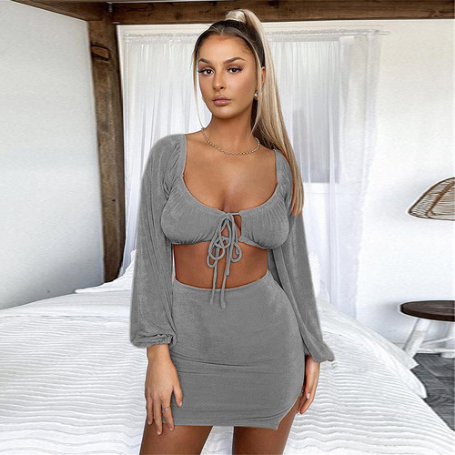 European and American Fashion Women's Autumn New Sexy Square Collar Strappy Long Sleeve Short-sleeve Top Set for Women