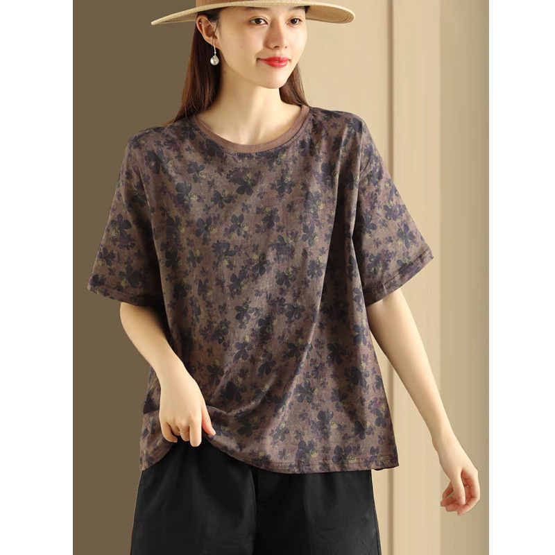 文芸レトロ丸首半袖純綿tシャツ女性夏の新作ファッション|undefined