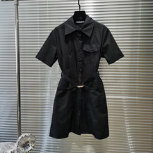 24SS春夏女款P家工装风衬衫式排扣设计显瘦皮带收腰短袖连衣裙