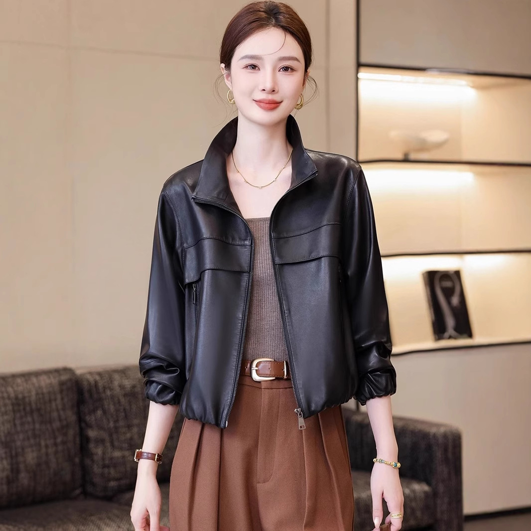 Haining Genuine Leather Jacket Women's Short High-End Goatskin Long-Sleeved Small Lapel Korean Style Zipper Jacket Spring & Fall