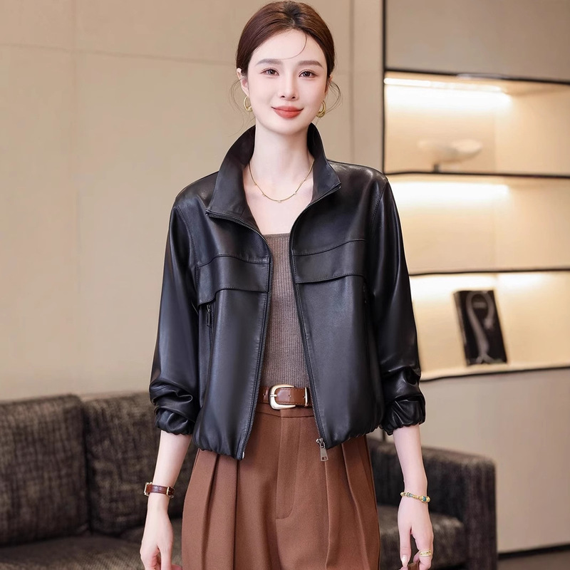 Haining Genuine Leather Jacket Women's Short High-End Goatskin Long-Sleeved Small Lapel Korean Style Zipper Jacket Spring & Fall Haining Genuine Leather Jacket Women's Short High-End Goatskin Long-Sleeved Small Lapel Korean Style Zipper Jacket Spring & Fall