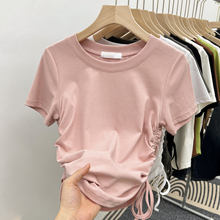 粉色短袖正肩t恤女夏2024新款小个子设计感小众修身抽绳收腰上衣