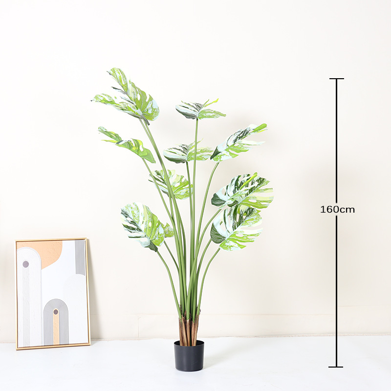 Simulación de plantas verdes, bordes blancos, monstera, decoración de hojas, plantas en macetas, sala de estar, oficina, decoración de paisaje de piso a techo, plantas biónicas