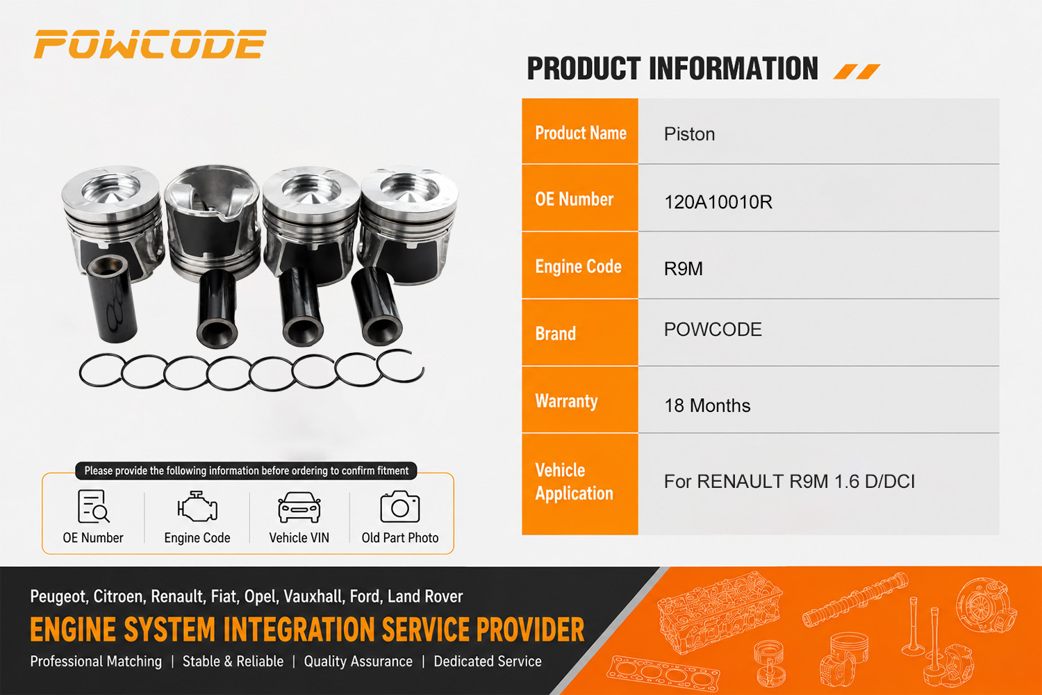 120A10010R is suitable for Renault R9M 1.6 Mercedes-Benz engine STD piston A6220300100