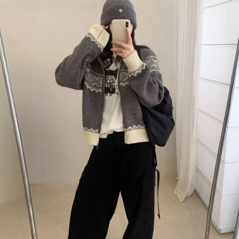 Korean Style Fair Isle Jacquard Double Zipper Sweater Cardigan Jacket Hooded Inner Wear Women's Autumn and Winter G1608 Korean Style Fair Isle Jacquard Double Zipper Sweater Cardigan Jacket Hooded Inner Wear Women's Autumn and Winter G1608