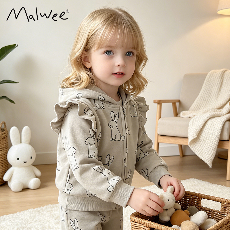 Malwee Girls' Stylish Autumn/Winter New Style European and American Style Casual Printed Hooded Cardigan Top for Toddlers