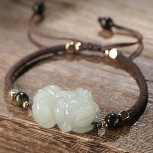 Xinjiang Hetian Jade Pichu Pixiu Bracelet Men's White Jade Pangs Jade Stone Hand String Female Couple's Red Rope Hand Rope Woven