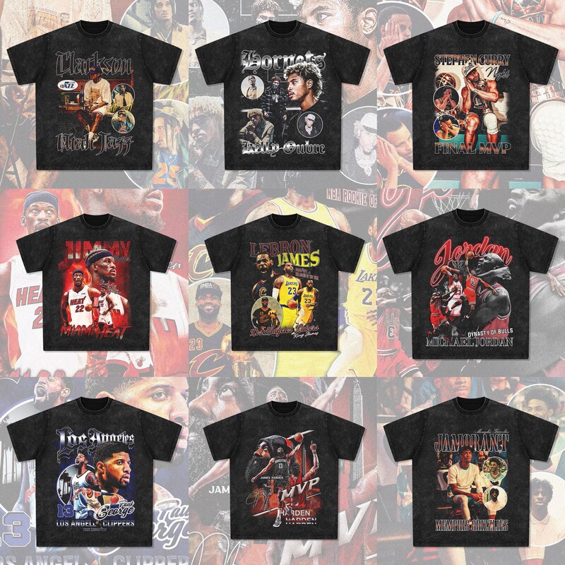 Clarkson Curry Kobe Irving James Morant American Star T-Shirt Retro Printed Washed Short Sleeves