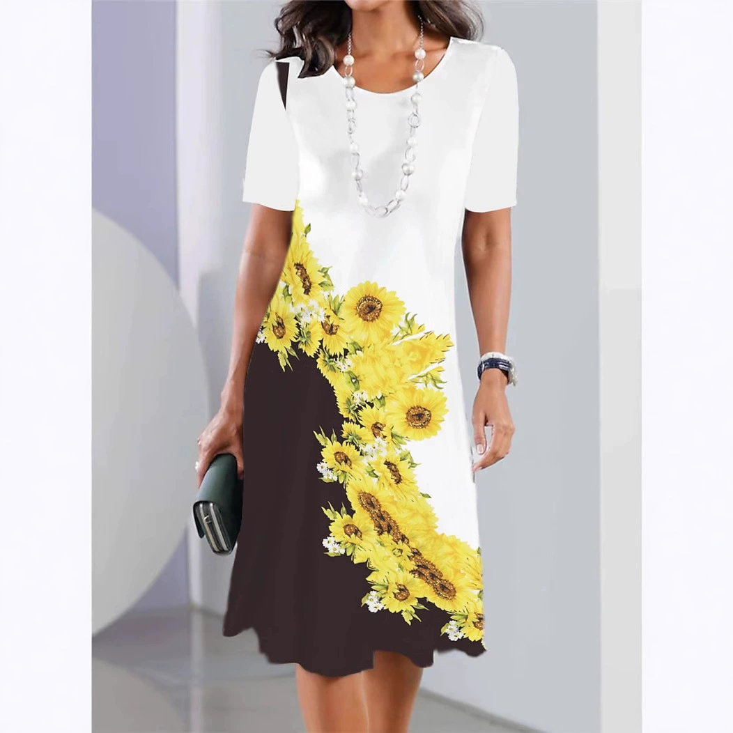 Женское повседневное платье с принтом с цветочным круглым вырезом модной уличной повседневной повседневной рутины с короткими рукавами