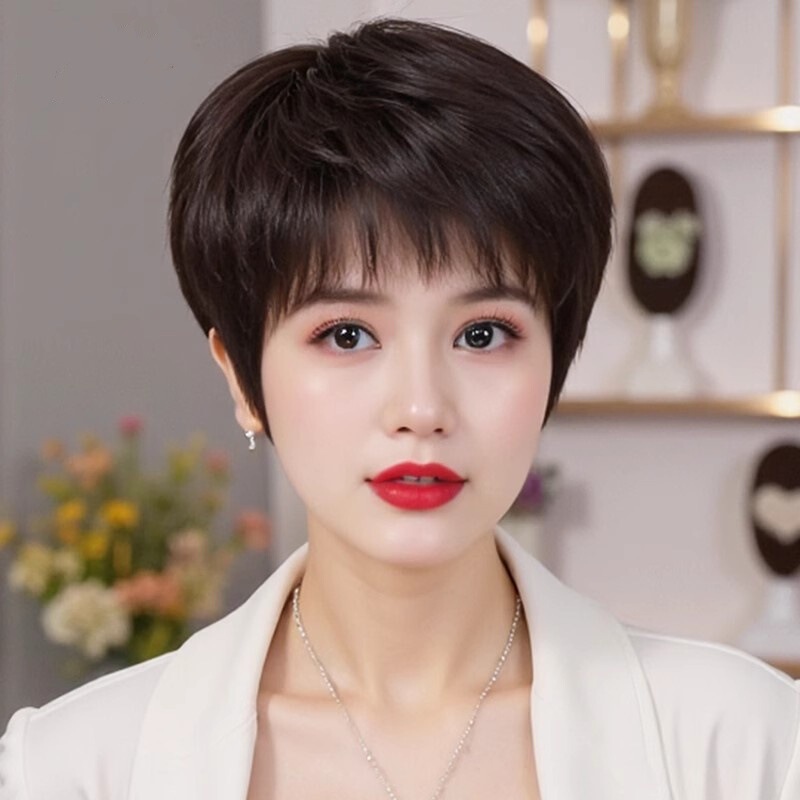 Wig for Middle-Aged and Elderly Ladies, Full Headgear for Mothers, Real Hair, Short Straight Hair, Full Human Hair, Summer Thin Hair Cover for Grandma
