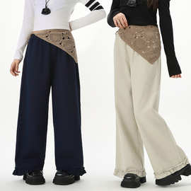 初中女童花边阔腿裤春秋装中大童大码宽松垂感直筒裤青少年休闲裤