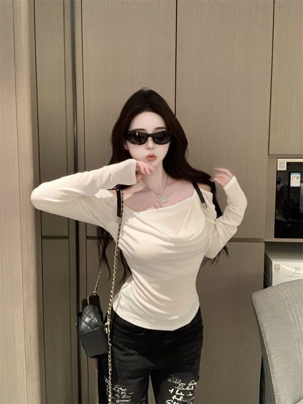初秋季辣妹风白色一字领长袖T恤女独特气质chic修身收腰露肩上衣|undefined