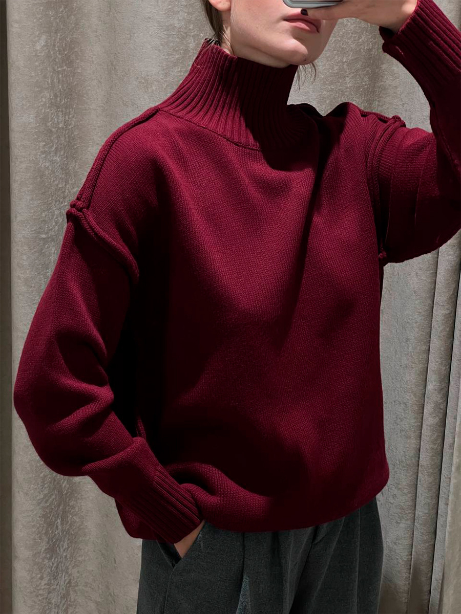 Suéter de cuello alto con costuras transfronterizas para mujer, otoño e invierno europeo y americano nuevo estilo casual suelto perezoso suéter grueso suéter de punto