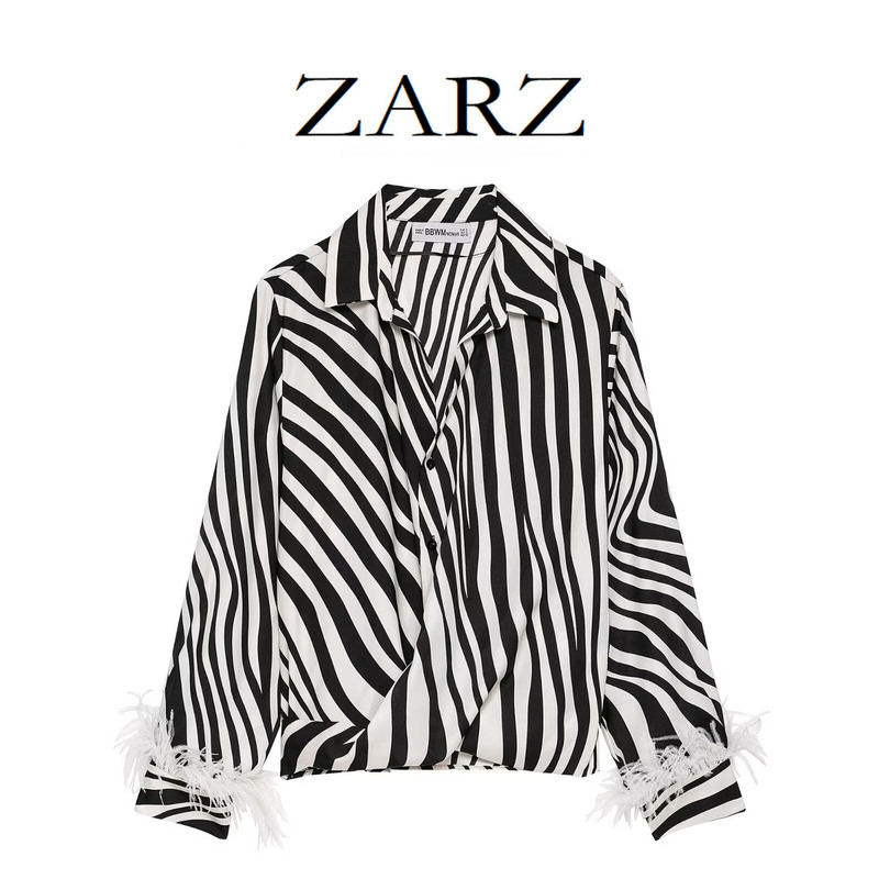 Zarz Self-Made European and American Style New Women's Clothing, Fashionable Feather Animal Print Shirt 3222195