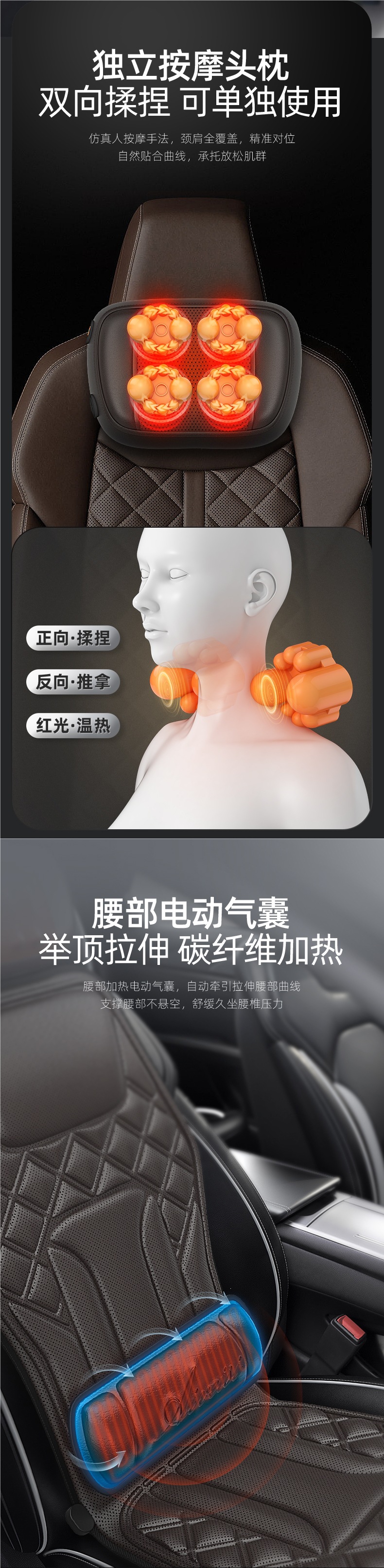 Dual-use massage cushion for car and home, cervical spine kneading massage, heated electric waist support, car seat ventilation backrest massager