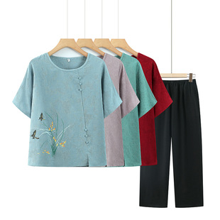 2025 New Middle-aged and Elderly Grandma's Summer Short-sleeved suit Women's Mother's Loose Top Casual Two-piece Set