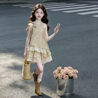 女童气质无袖挂脖连衣裙2026夏新款大童女孩度假风沙滩裙清凉裙子