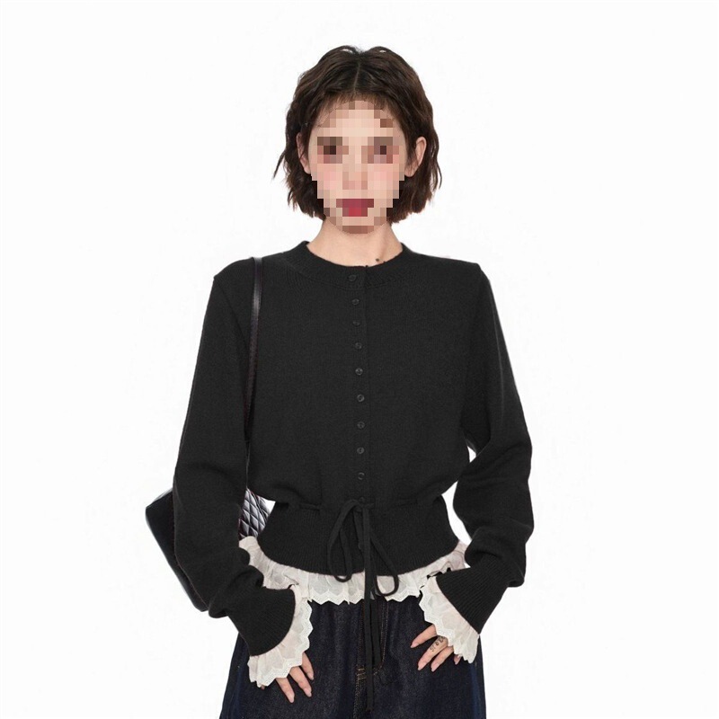 New Lace Knit Cardigan with a Faux Two-Piece Design, Waist-Cinching, Autumn and Winter Style, Short Sweater Coat, Korean Style