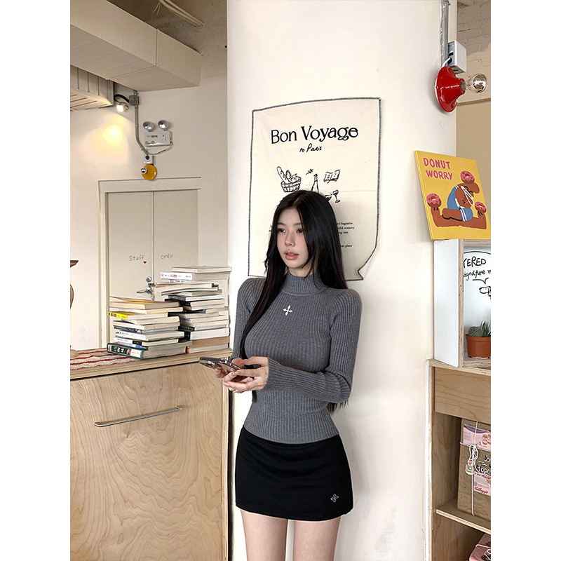 Magic Queen High-Neck Elastic Knitted Long-Sleeved Slim-Fit Pit Bottoming Shirt High-End Elegant Cross Jacquard Top