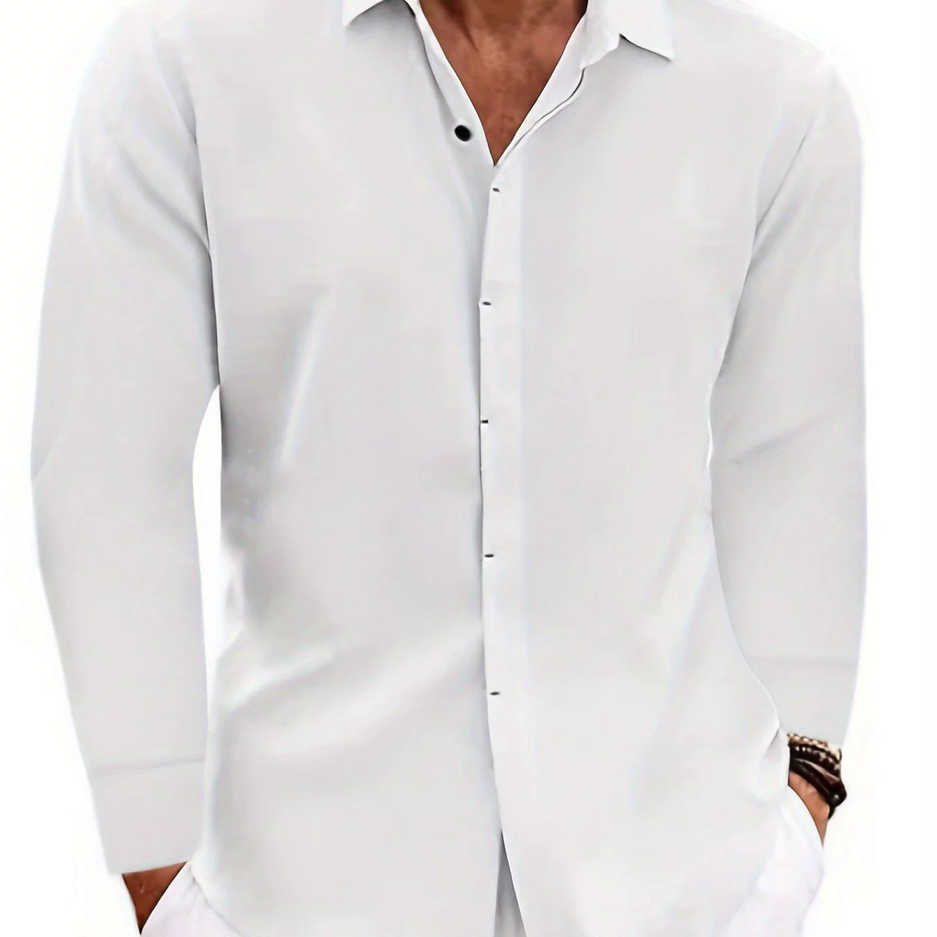 2025 Новый Кросс-Бордер Дропшиппинг Классическая Льняная Рубашка Гладкая Классическая Мужская Белая Смесовая Рубашка