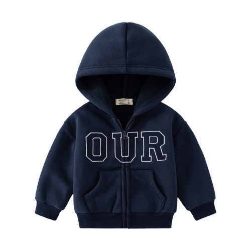 Fashionable autumn and winter new boys' fleece hooded jacket round tie lettered fleece casual long-sleeved zipper jacket