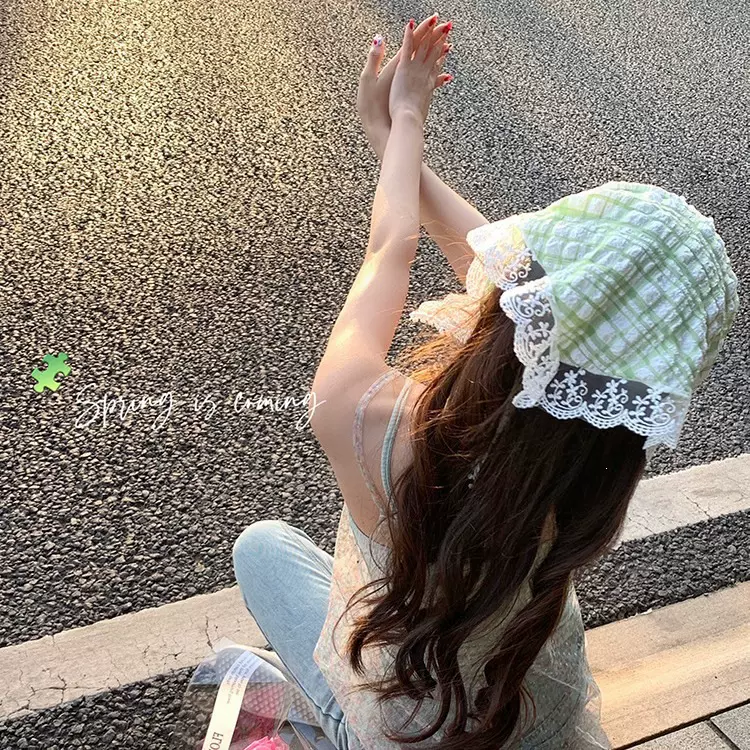 春季的绿夏季丝巾薄款绑发带复古包头头巾法式气质蕾丝三角巾发饰