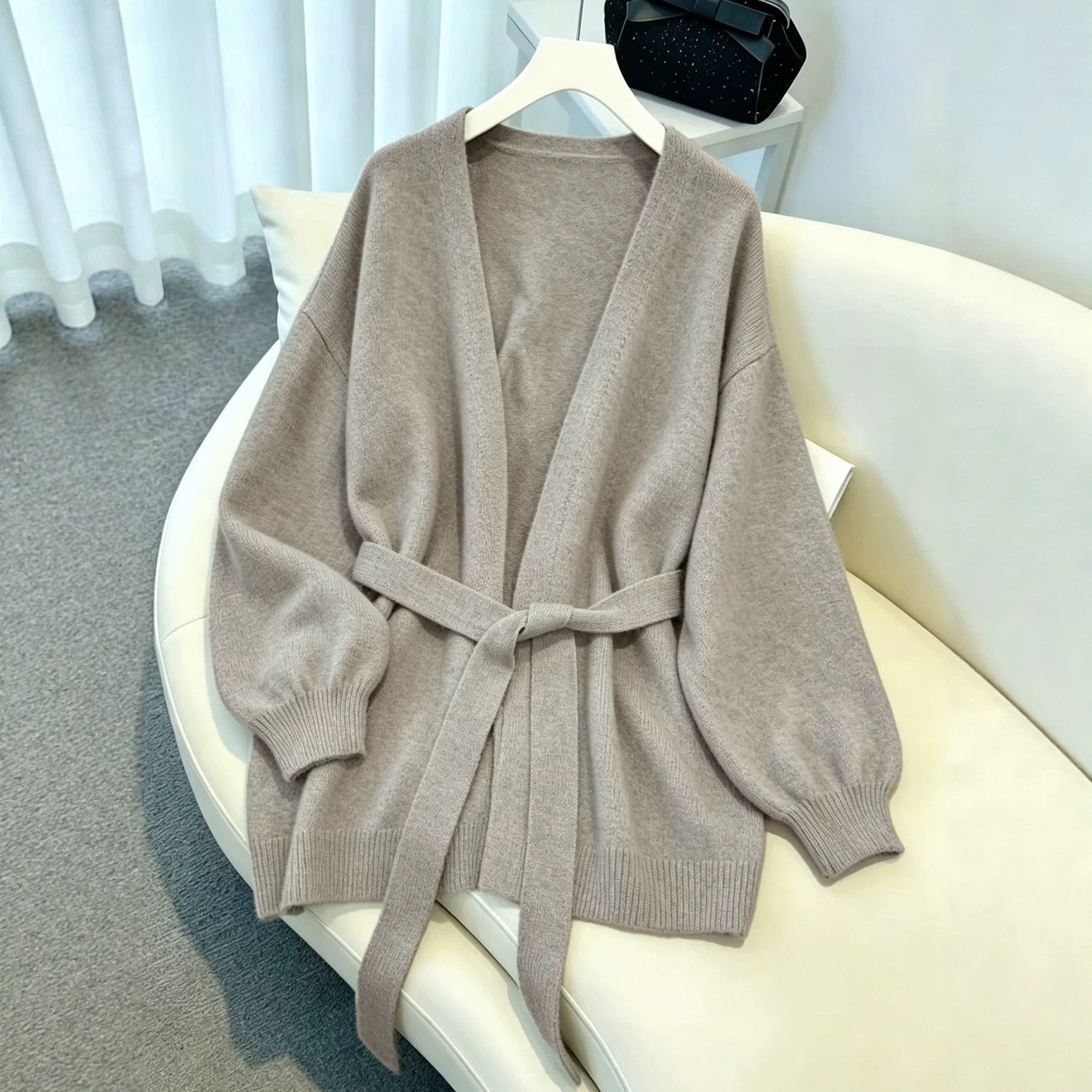 Cross-border bestseller: European and American plus-size women's new autumn and winter product - belted waist knit cardigan with V-neck, long sleeves, and ribbed hem