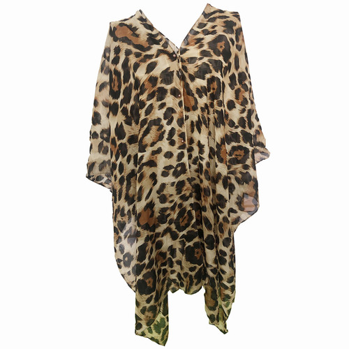 Summer leopard print chiffon sunshading coat with pearl buttons beach robe swimsuit coverall