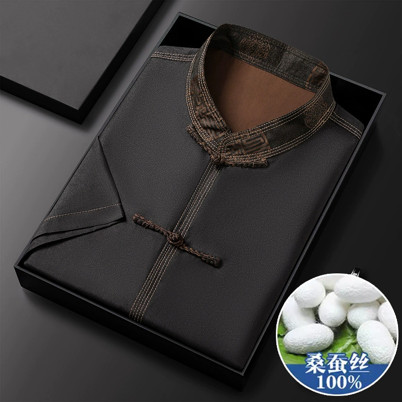 Silk set for elderly, shirt, Chinese style, for middle age, with short sleeve