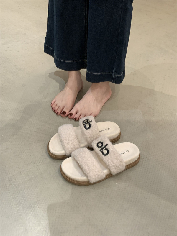 秋冬可爱毛绒拖鞋女双带字母装饰居家拖鞋防滑室内外穿拖鞋子|undefined