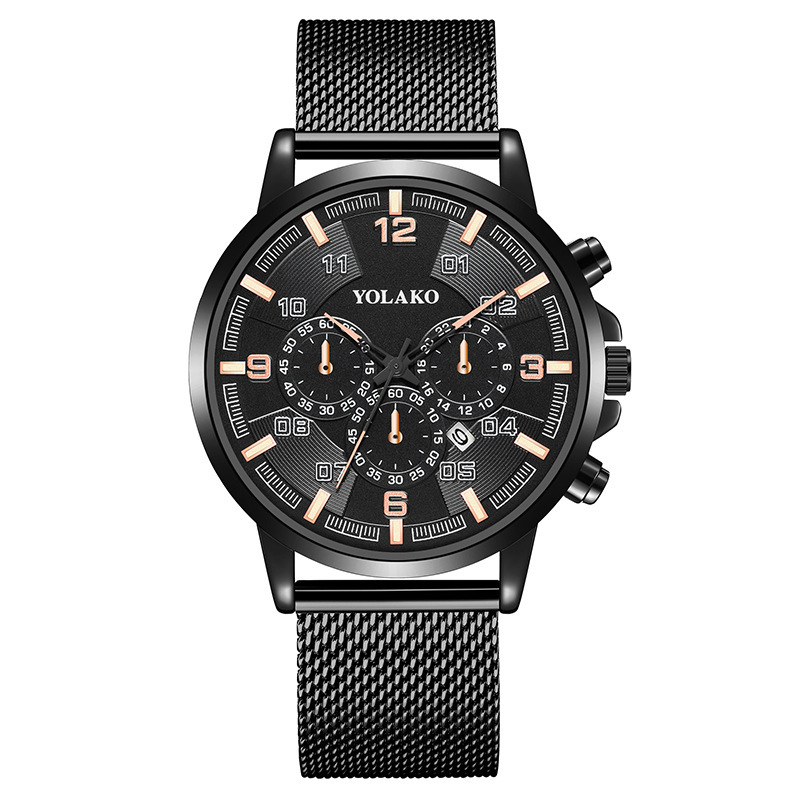 Nouvelle montre numérique tendance pour homme avec calendrier à trois yeux et aiguille bleue, montre pour homme en maille d'acier inoxydable_voghion.com