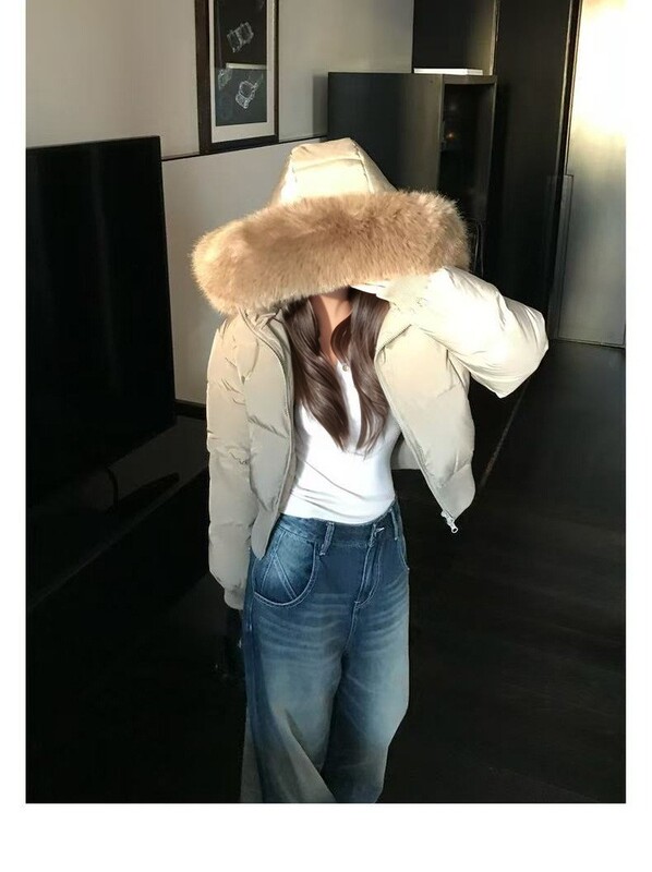 芬兰雪境韩里韩气学院风冬季毛领连帽收腰显瘦加厚短款棉服女|undefined