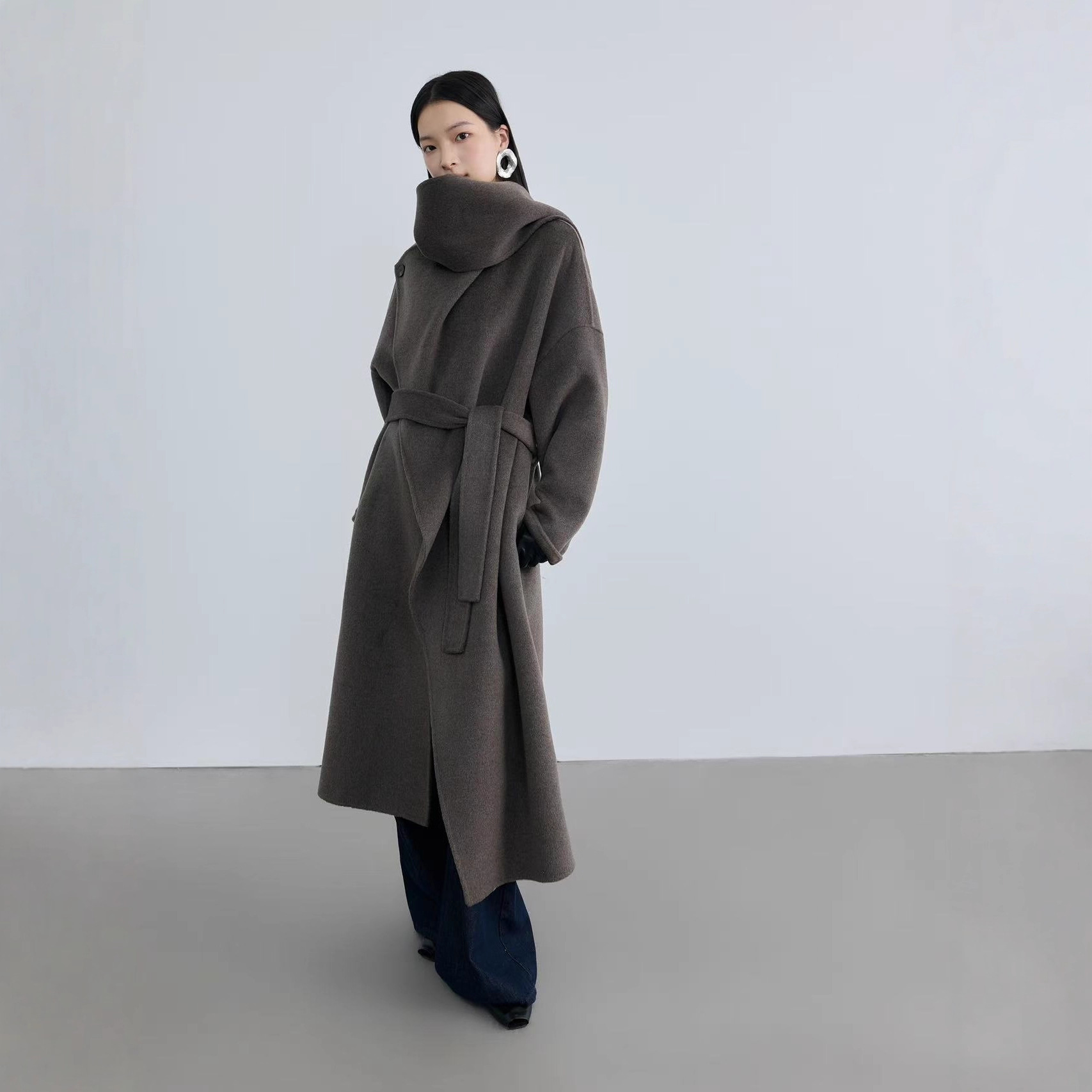 Winter New Cashmere Coat Camel Wool Woolen Long Design Lace-Up Scarf Collar Double-Sided Woolen Coat