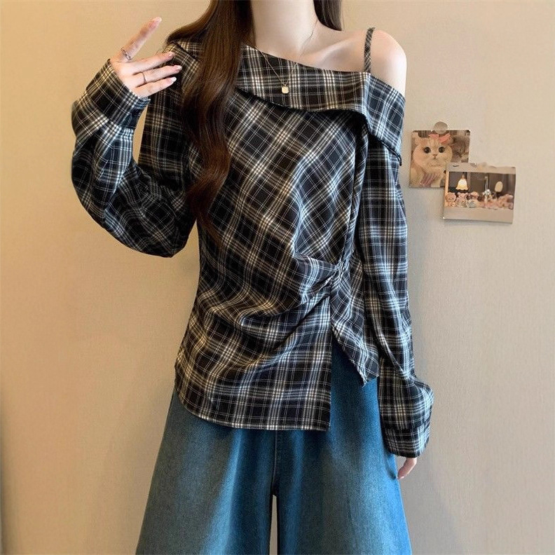 大码女装遮肚子格子斜领不规则长袖衬衫女胖MM收腰显瘦露肩上衣女|undefined