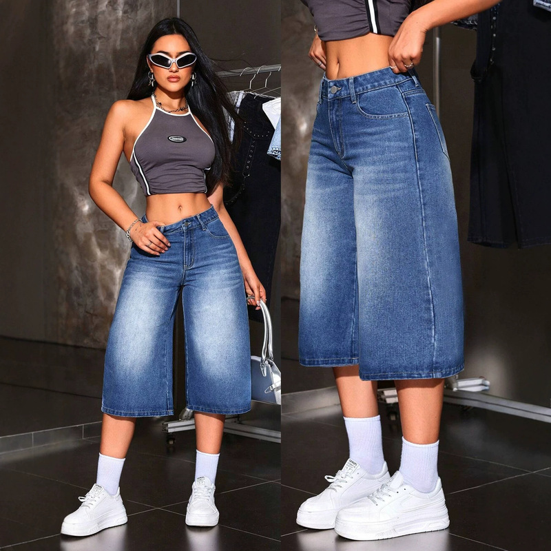 European and American Style High-Waisted Wide-Leg Denim Cropped Pants for Women, Vintage Washed Blue, Loose Fit, Slimming, Versatile Pants