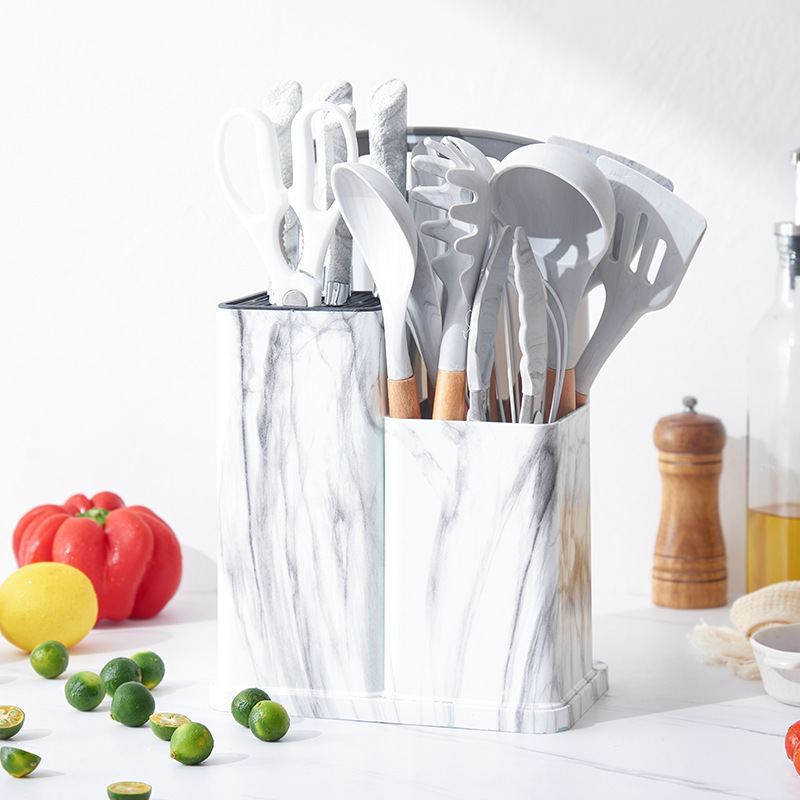 Nuevo conjunto de 19 piezas de silicona multifuncional de cuchillos de cocina de silicona con mango de estante de doble barril Yangjiang Gong