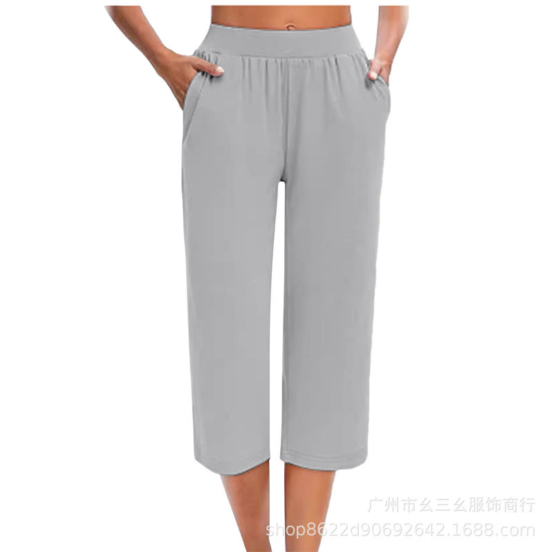 2024 Women's Wide-Leg Cropped Pants with Pockets Jogging Pants Workout Amazon Elastic Breeches Casual Pants European and American Style