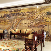 中式古典清明上河图墙纸足疗按摩酒店前台背景墙装饰壁画饭店壁纸