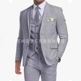 亚马逊新款亚麻三件套西装商务休闲西装修身新郎晚宴男士礼服跨境