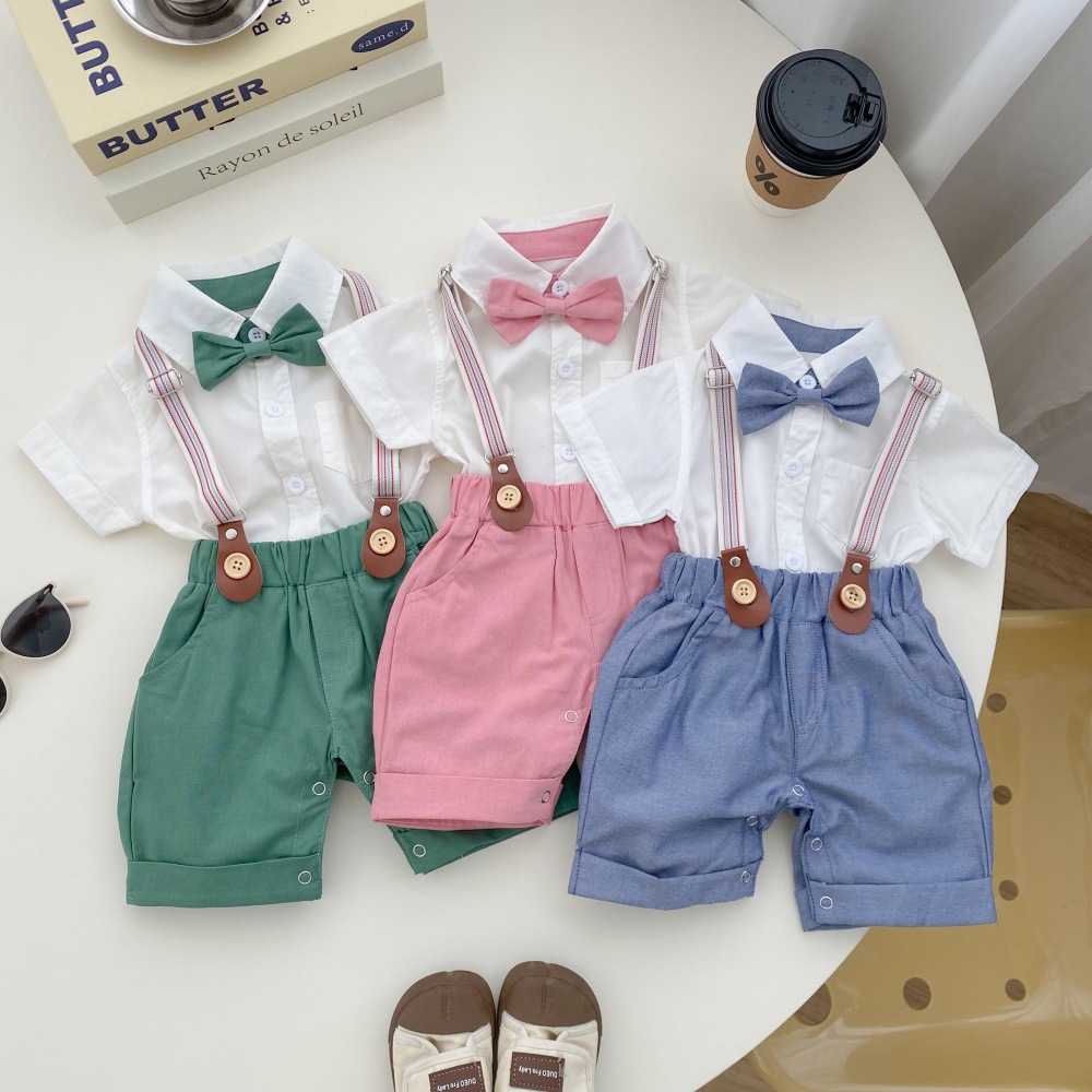 Baby's One-Piece suit Summer Baby Boys and Girls British Gentleman Style Two-Piece Set Full Moon One-Year-Old Dress