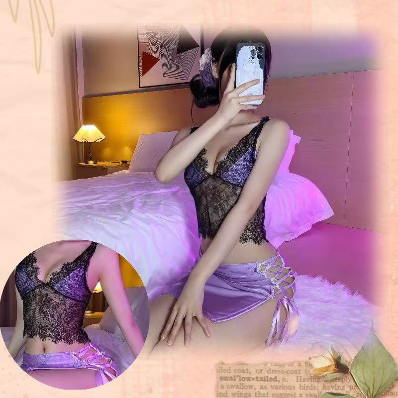 Sexy Cheongsam-Style Roleplay Lingerie Set with Deep V and Purple Charm — detail image 8