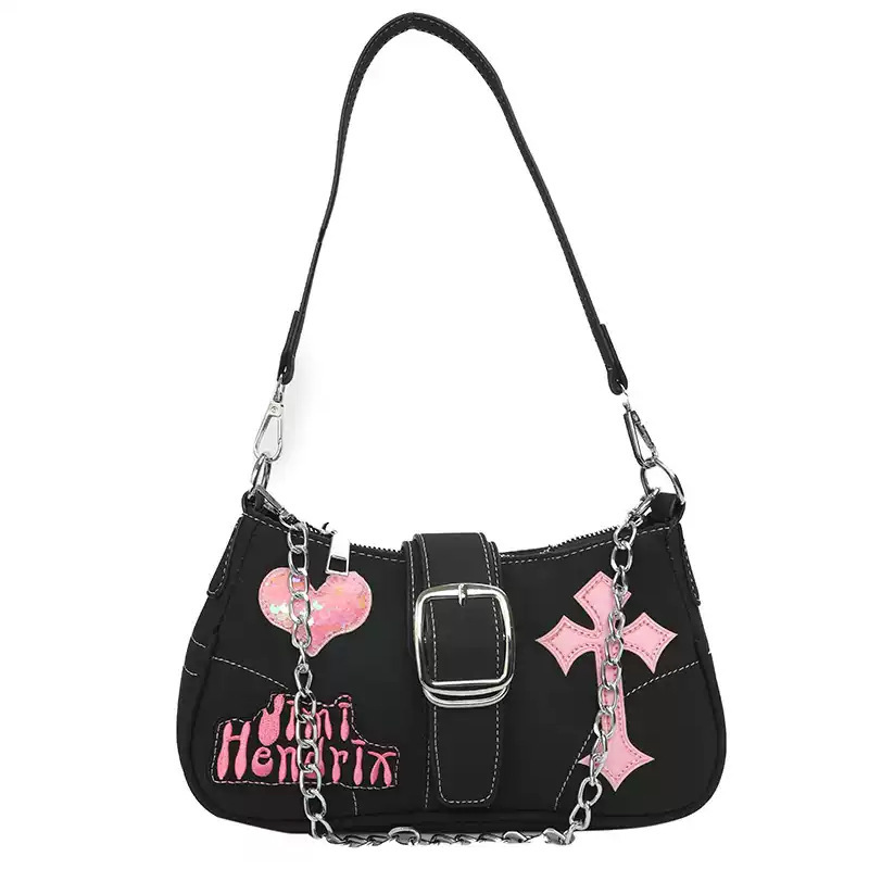 Black PU women's underarm bag in a sweet and cool style, with chain strap, heart and cross print, versatile and unique design Black PU women's underarm bag in a sweet and cool style, with chain strap, heart and cross print, versatile and unique design