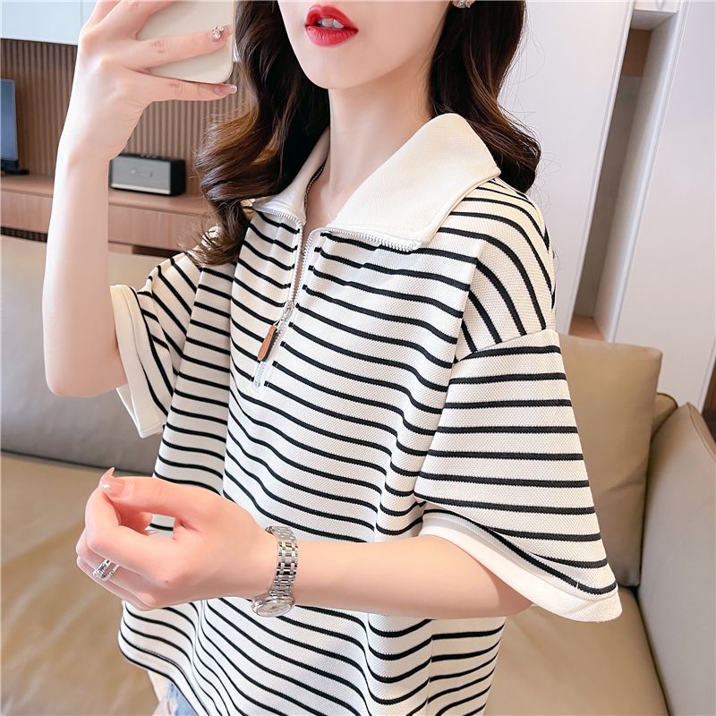Women's Polo Collar Striped T-Shirt, Short Sleeve, 2025 New Summer Style, Loose Fit, Versatile, Slimming, Petite Short Top, Instagram Style