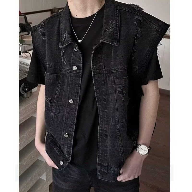 American Retro Frayed Short Denim Vest for Men, Trendy Brand Design, Workwear Style, Washed and Distressed Sleeveless Jacket American Retro Frayed Short Denim Vest for Men, Trendy Brand Design, Workwear Style, Washed and Distressed Sleeveless Jacket