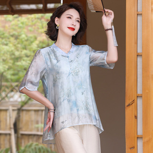 Mother Summer 2025 New Chinese Chiffon Shirt Middle-aged and Elderly Women's National Style Top Summer Short-sleeved T-shirt