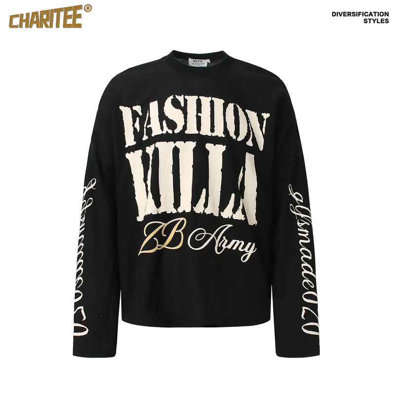 Waffle-Style American Retro Fashion New Long-Sleeve T-Shirt, Loose Fit, Printed Trendy Brand Letter Sweatshirt for Men Waffle-Style American Retro Fashion New Long-Sleeve T-Shirt, Loose Fit, Printed Trendy Brand Letter Sweatshirt for Men