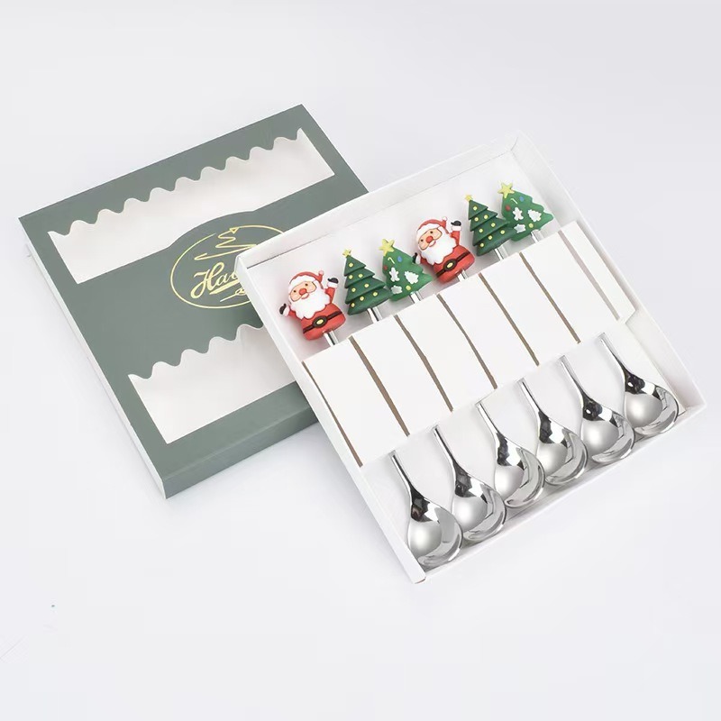 Cucharas de acero inoxidable transfronterizas muñecas de Papá Noel cubiertos cajas de regalo caseras de café mezclador cucharas de postre horquilla de frutas